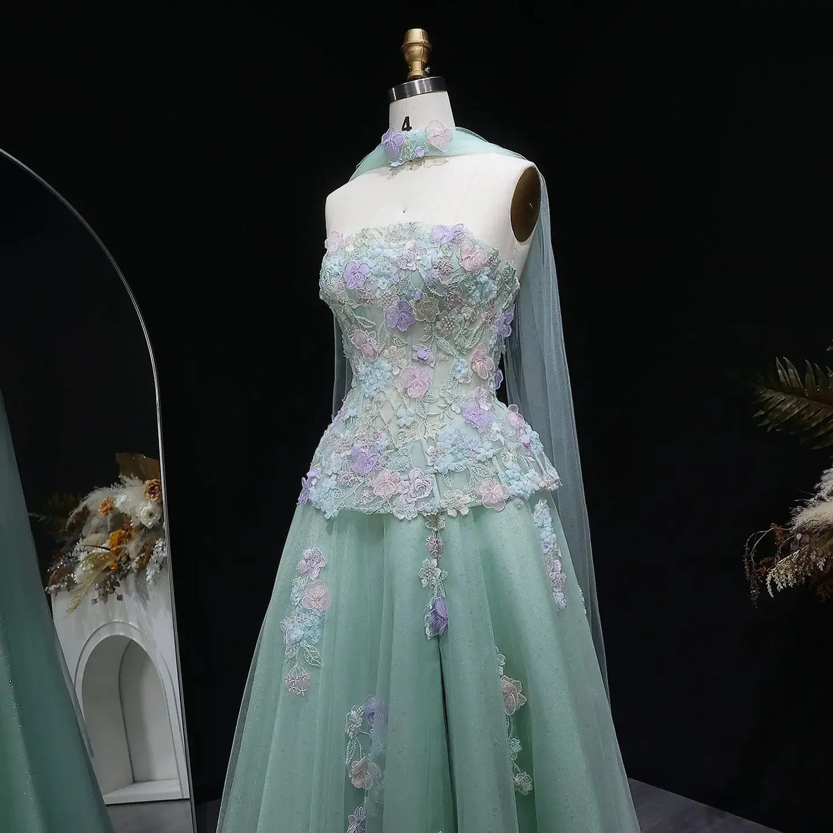 Luxury Sage Green Floral Applique Evening Dress with Scarf SS755 