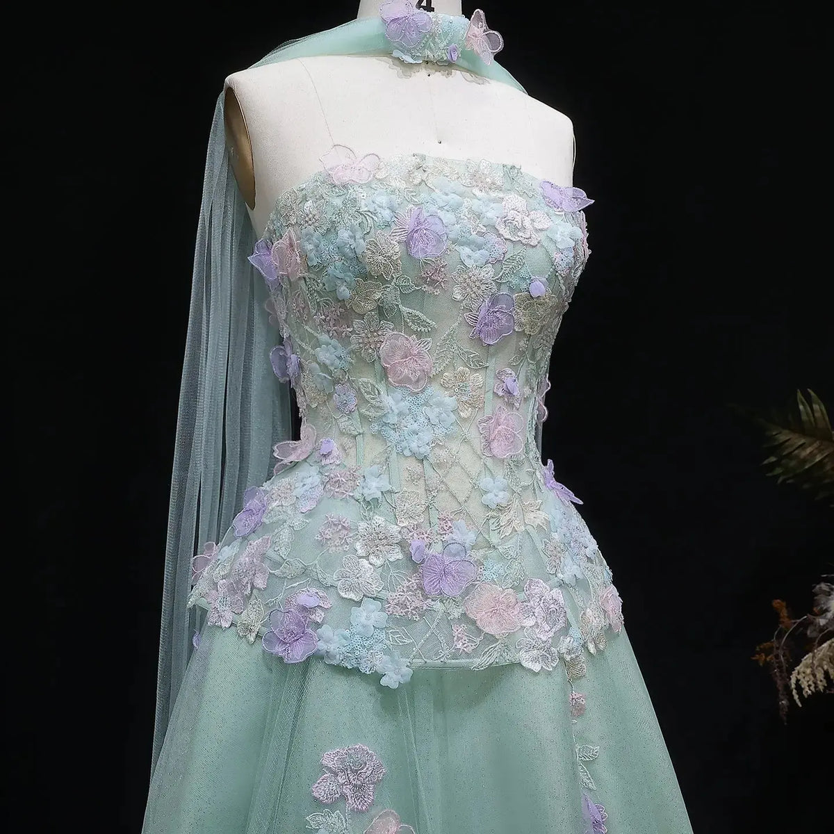 Luxury Sage Green Floral Applique Evening Dress with Scarf SS755 