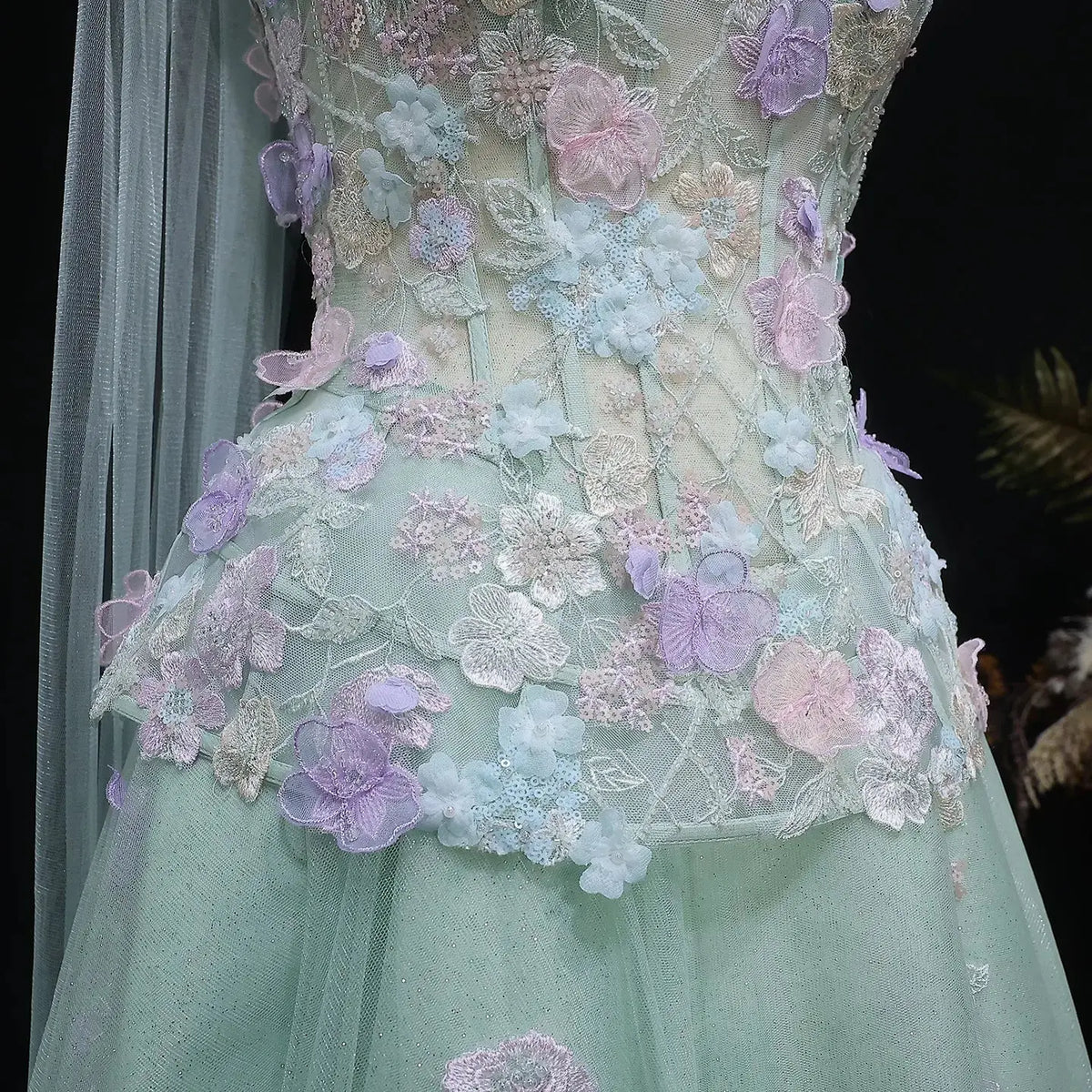 Luxury Sage Green Floral Applique Evening Dress with Scarf SS755 