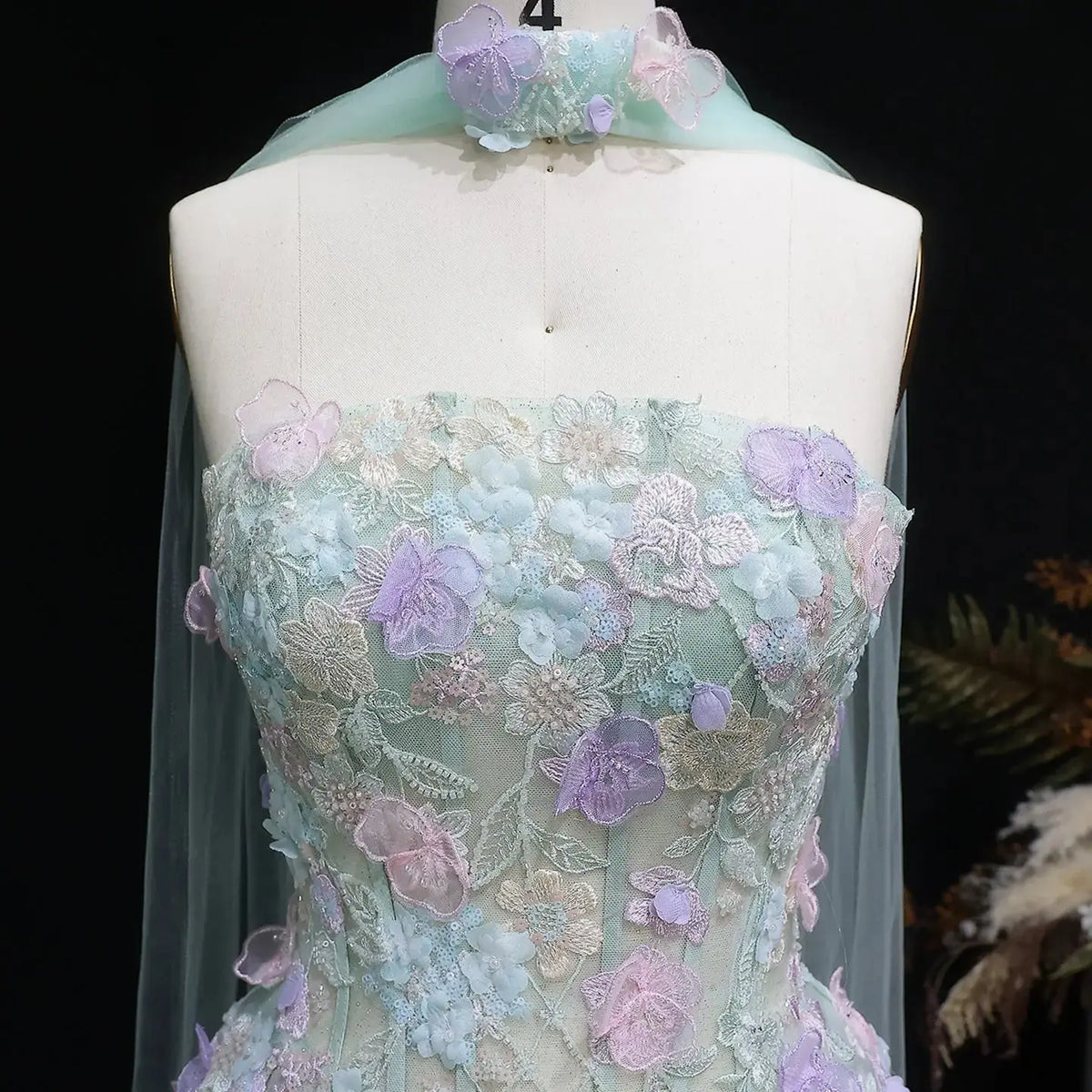 Luxury Sage Green Floral Applique Evening Dress with Scarf SS755 