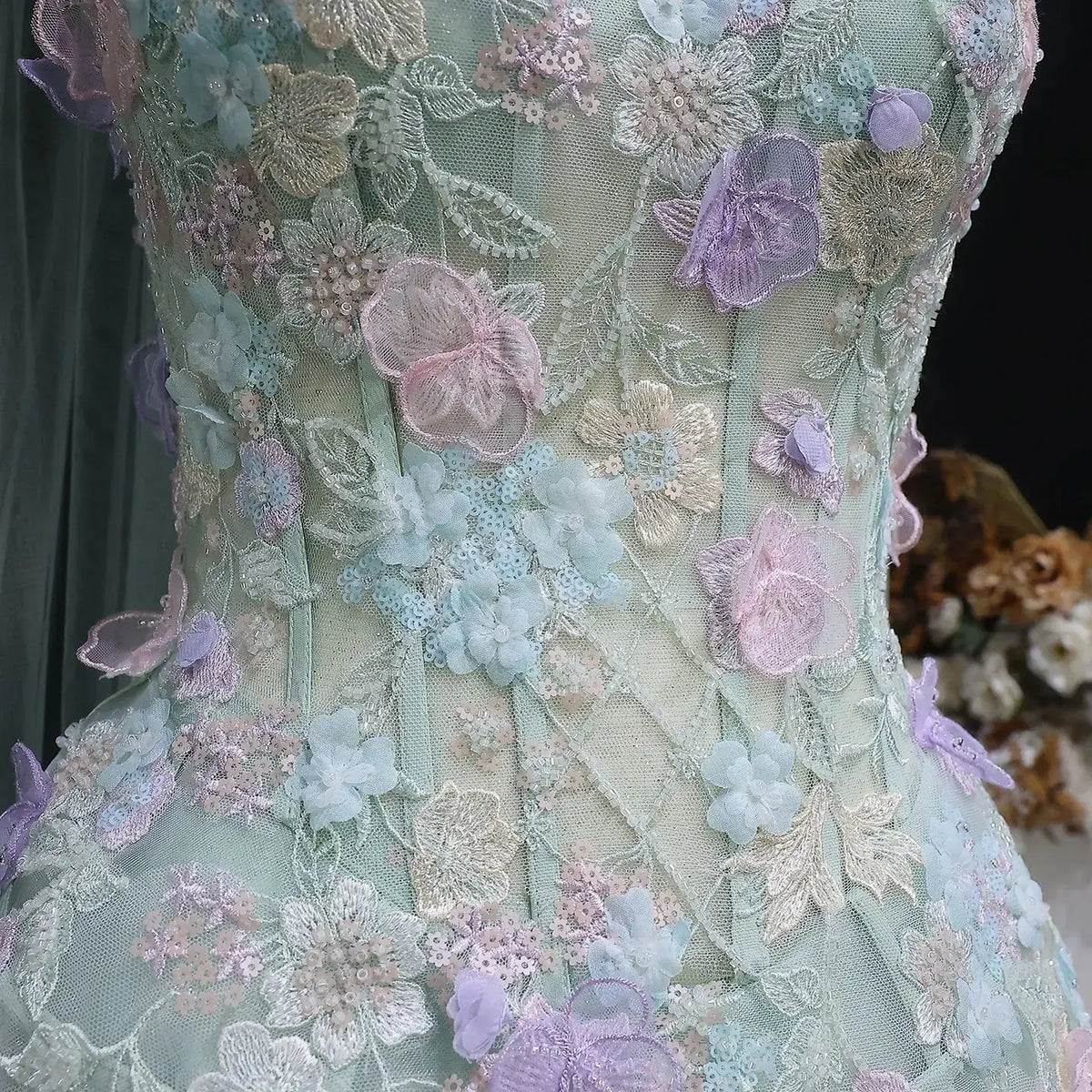 Luxury Sage Green Floral Applique Evening Dress with Scarf SS755 