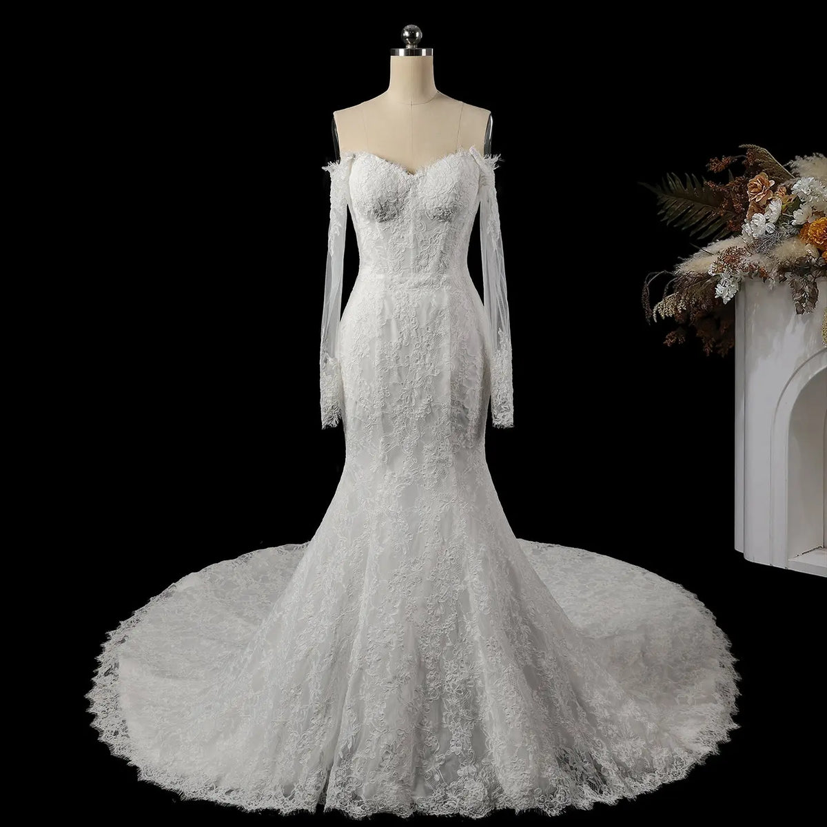 White Long Sleeve Mermaid Wedding Dress SW757