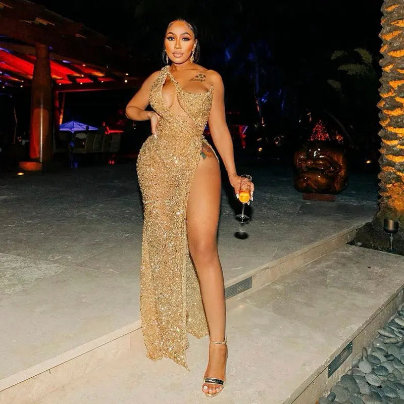 Luxury One-Shoulder Champagne High Slit Cocktail Dress RM087 