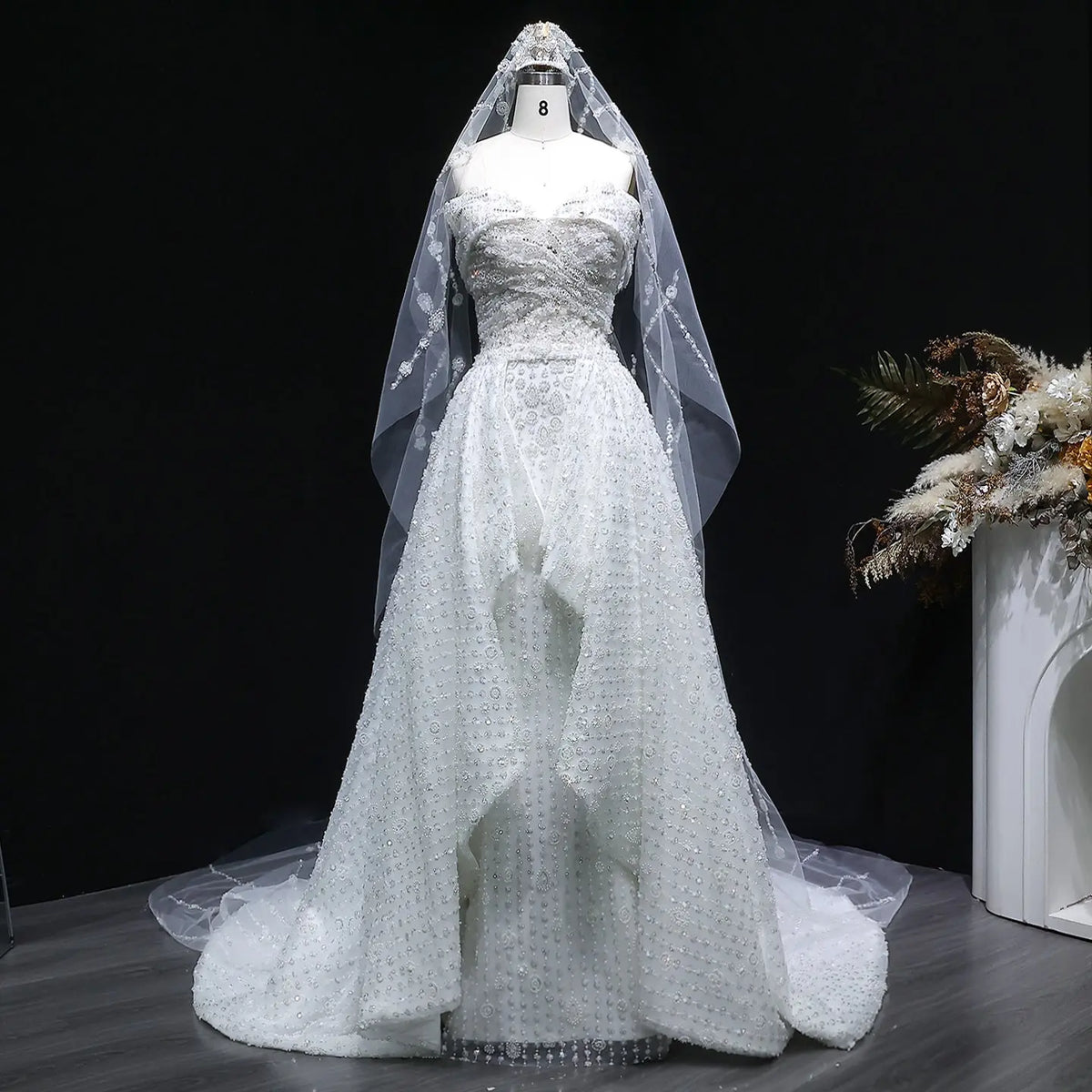 Luxury White Off-the-Shoulder Train Wedding Dress with Veil SW031 