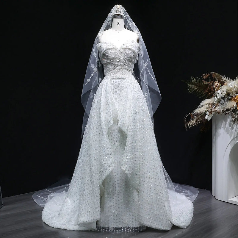 Luxury White Off-the-Shoulder Train Wedding Dress with Veil SW031 
