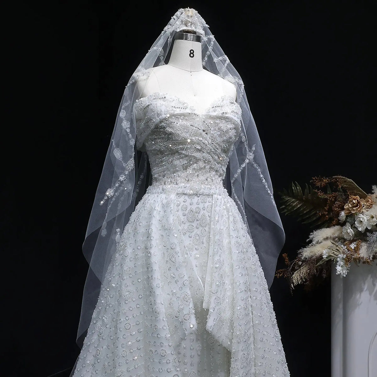 Luxury White Off-the-Shoulder Train Wedding Dress with Veil SW031 