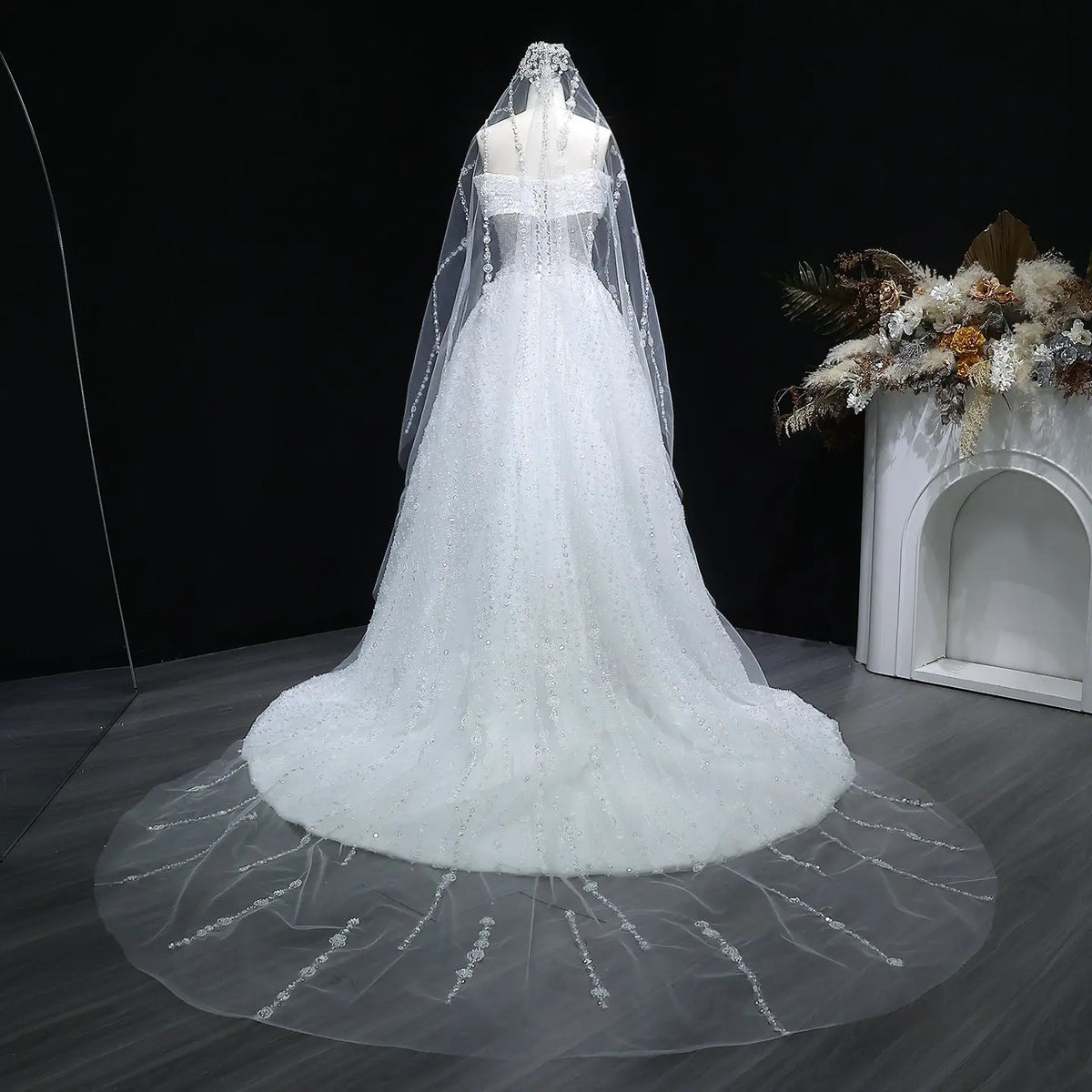 Luxury White Off-the-Shoulder Train Wedding Dress with Veil SW031 