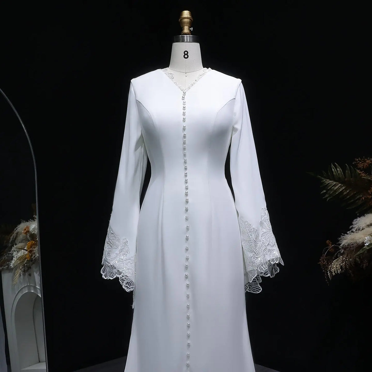 Elegant Pearl High Neck Long Sleeve Wedding Dress with Veil SW584 