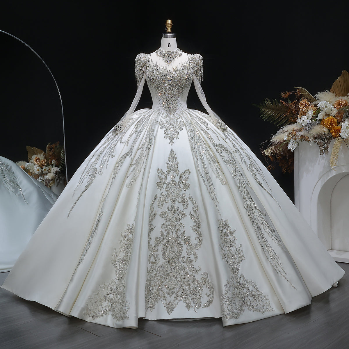 Luxury Long Sleeve Ivory Wedding Dress with Crystal Embroidered Details SW602 