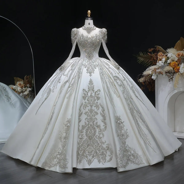 ivory colored wedding dresses Luxury Long Sleeve Ivory Wedding Dress with Crystal Embroidered Details SW602