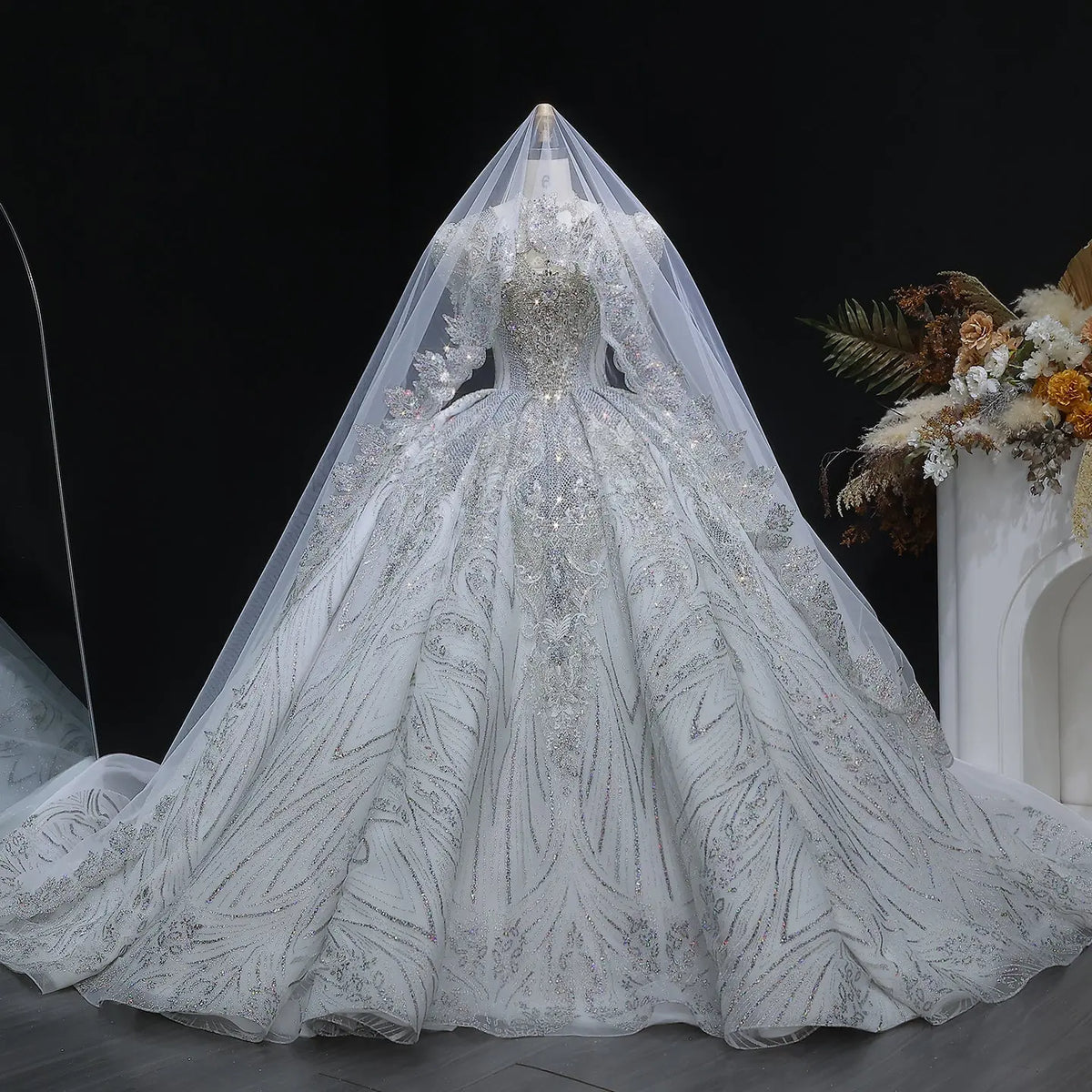 Glamorous White Diamond Embroidered Long Sleeve Wedding Dress SW603 Glamorous White Diamond Embroidered Long Sleeve Wedding Dress SW603