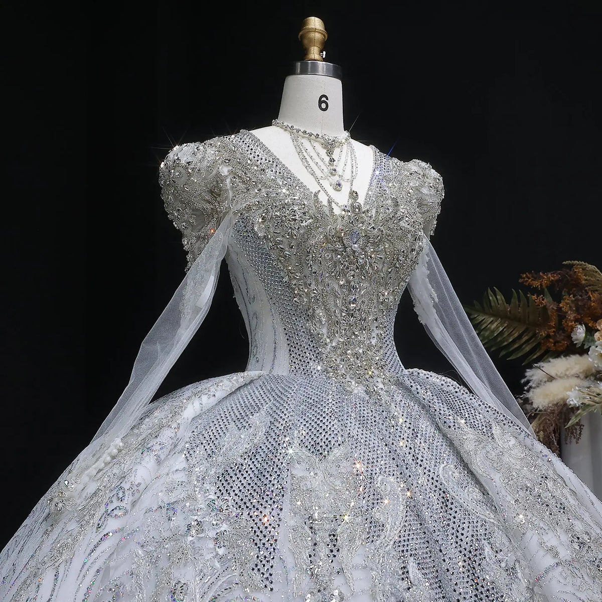 Glamorous White Diamond Embroidered Long Sleeve Wedding Dress SW603 Glamorous White Diamond Embroidered Long Sleeve Wedding Dress SW603