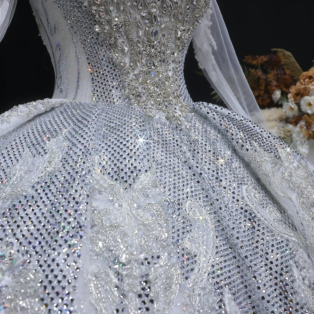 Glamorous White Diamond Embroidered Long Sleeve Wedding Dress SW603 Glamorous White Diamond Embroidered Long Sleeve Wedding Dress SW603