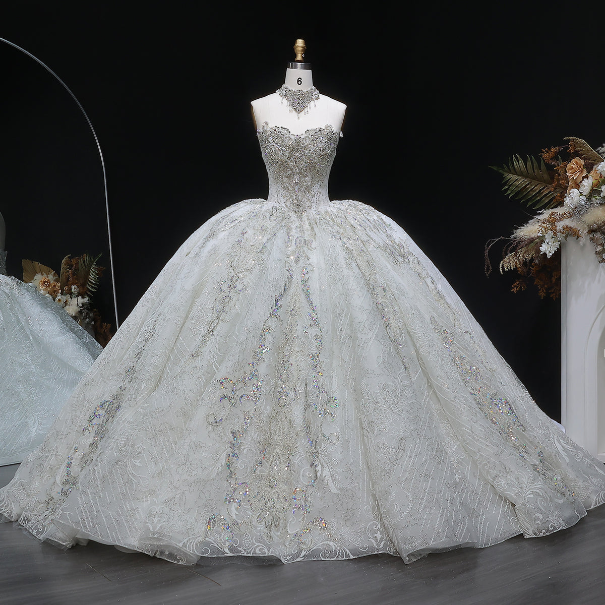 Luxury Sparkly White Ball Gown with Full-Sequin Embroidery Wedding Dress SW604 