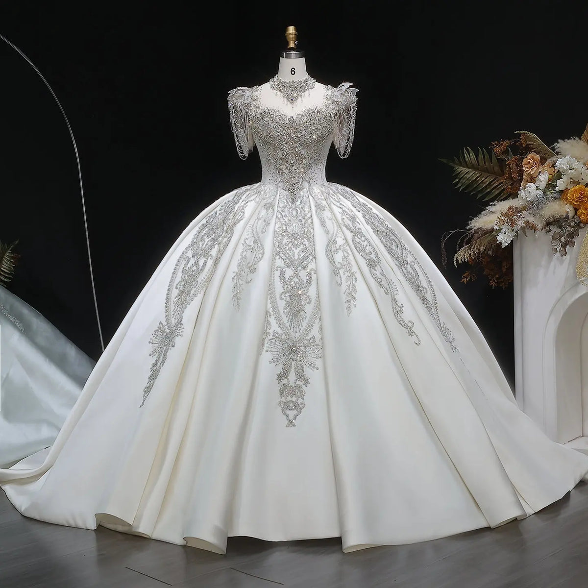 Luxury Satin Ivory Ball Gown with Silver Floral Embroidery Wedding Dress SW605 Luxury Satin Ivory Ball Gown with Silver Floral Embroidery Wedding Dress SW605
