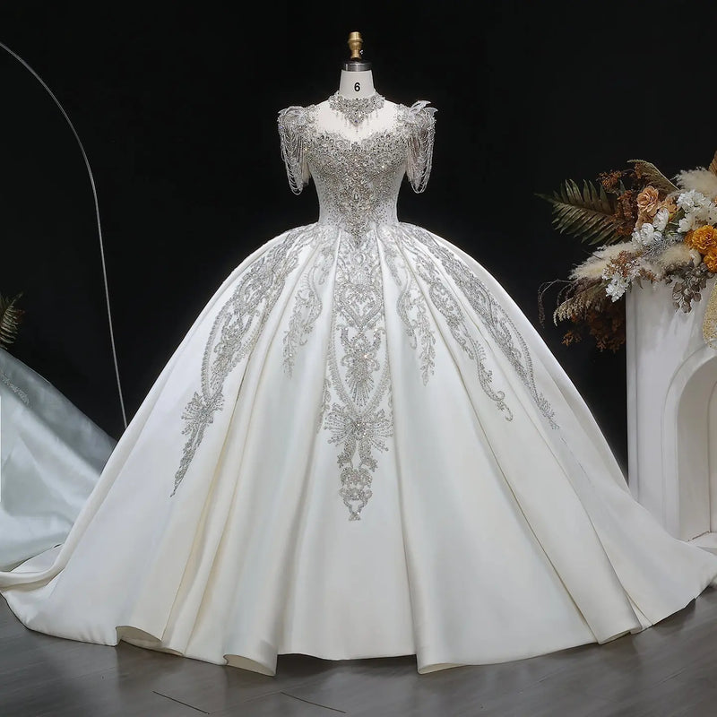 Luxury Satin Ivory Ball Gown with Silver Floral Embroidery Wedding Dress SW605 