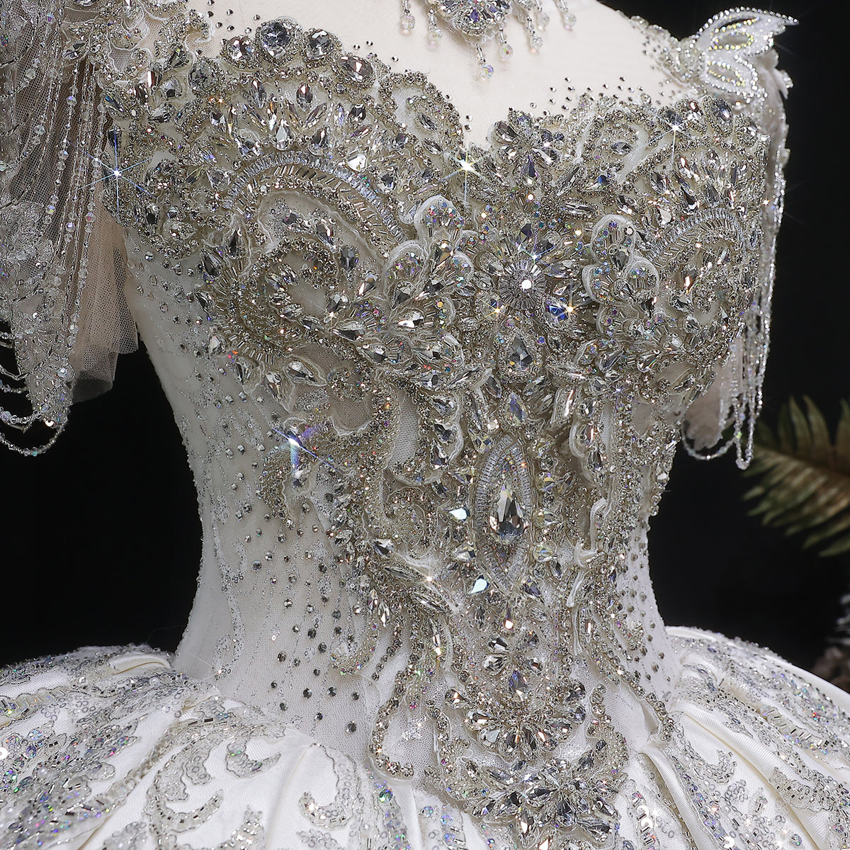 Luxury Satin Ivory Ball Gown with Silver Floral Embroidery Wedding Dress SW605 