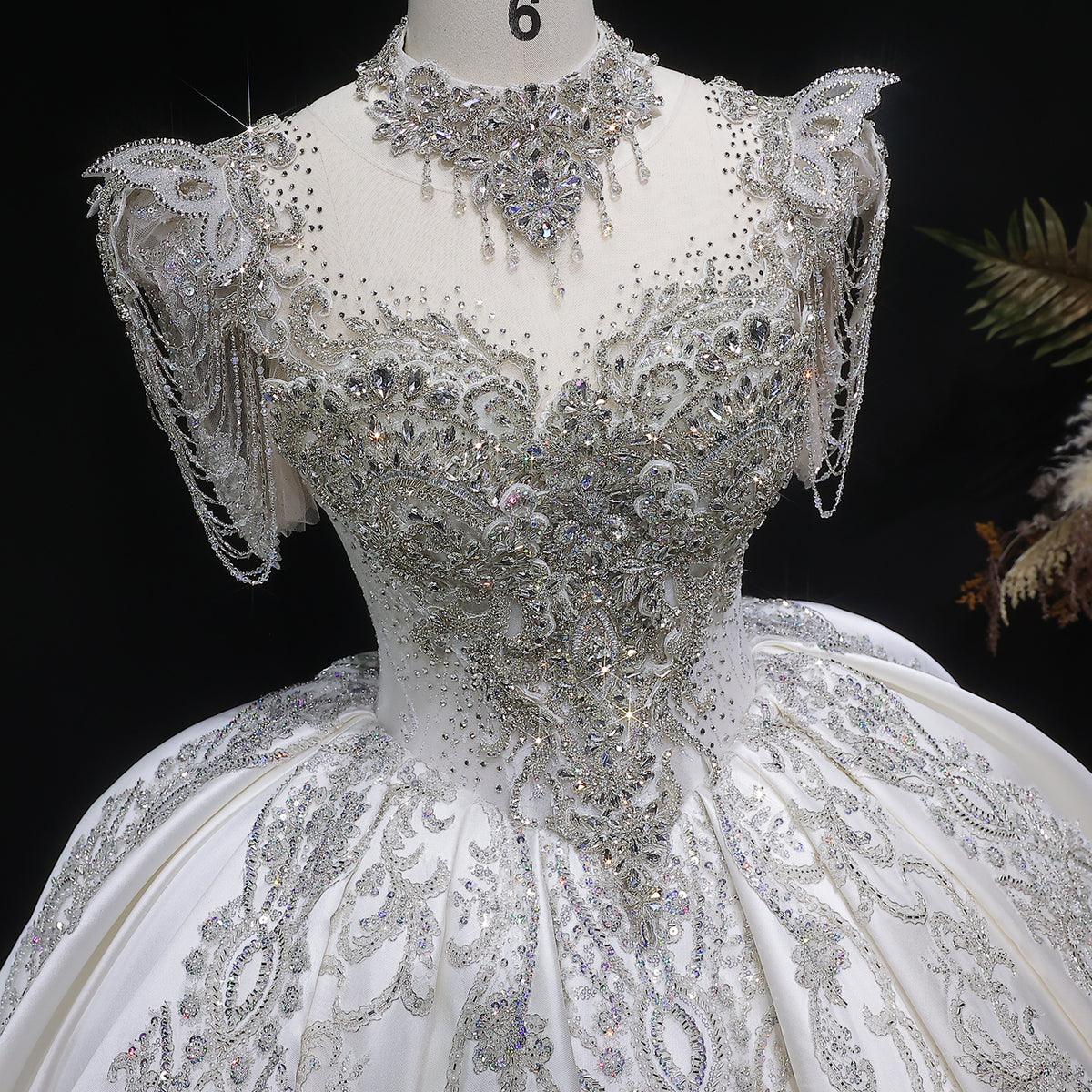 Luxury Satin Ivory Ball Gown with Silver Floral Embroidery Wedding Dress SW605 