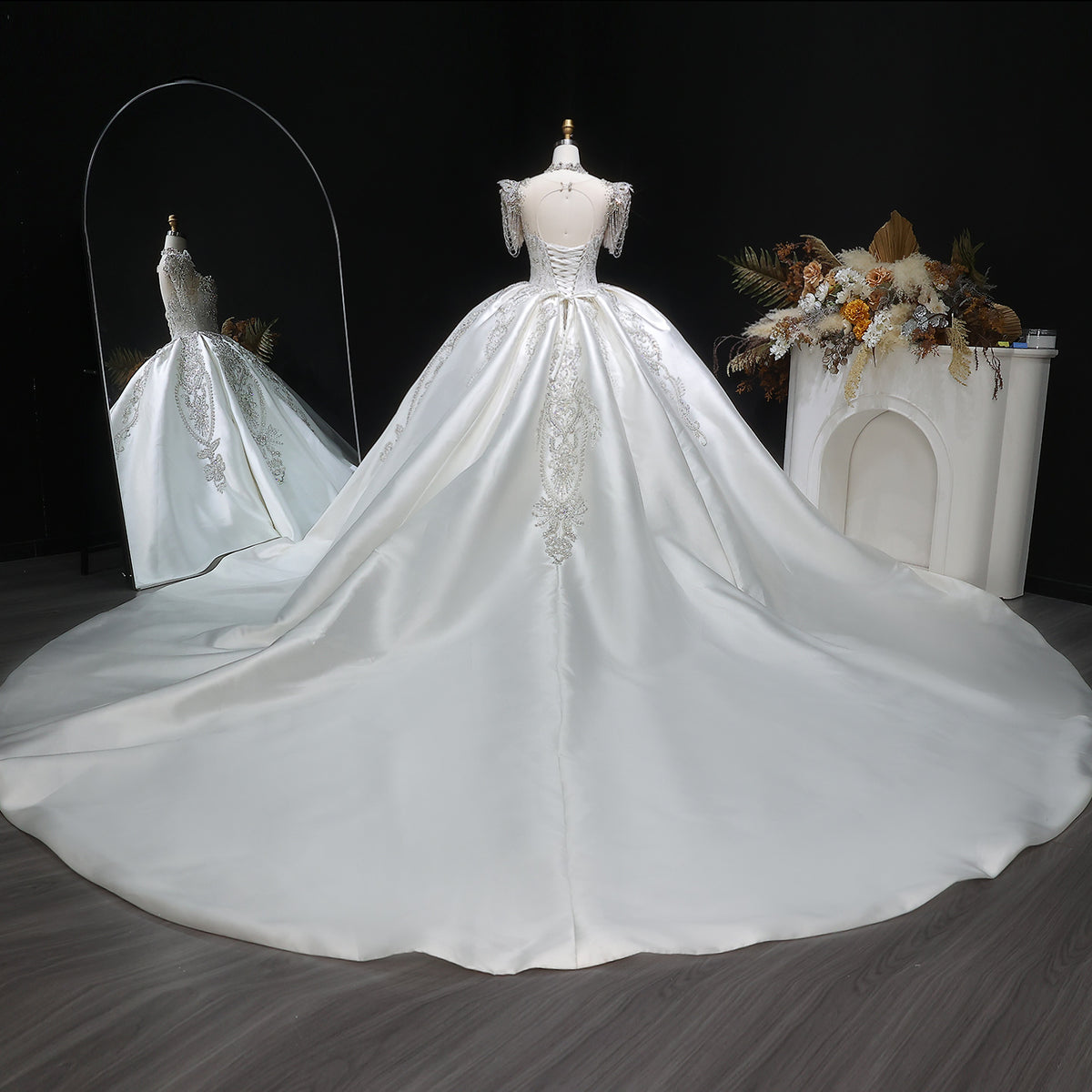 Luxury Satin Ivory Ball Gown with Silver Floral Embroidery Wedding Dress SW605 