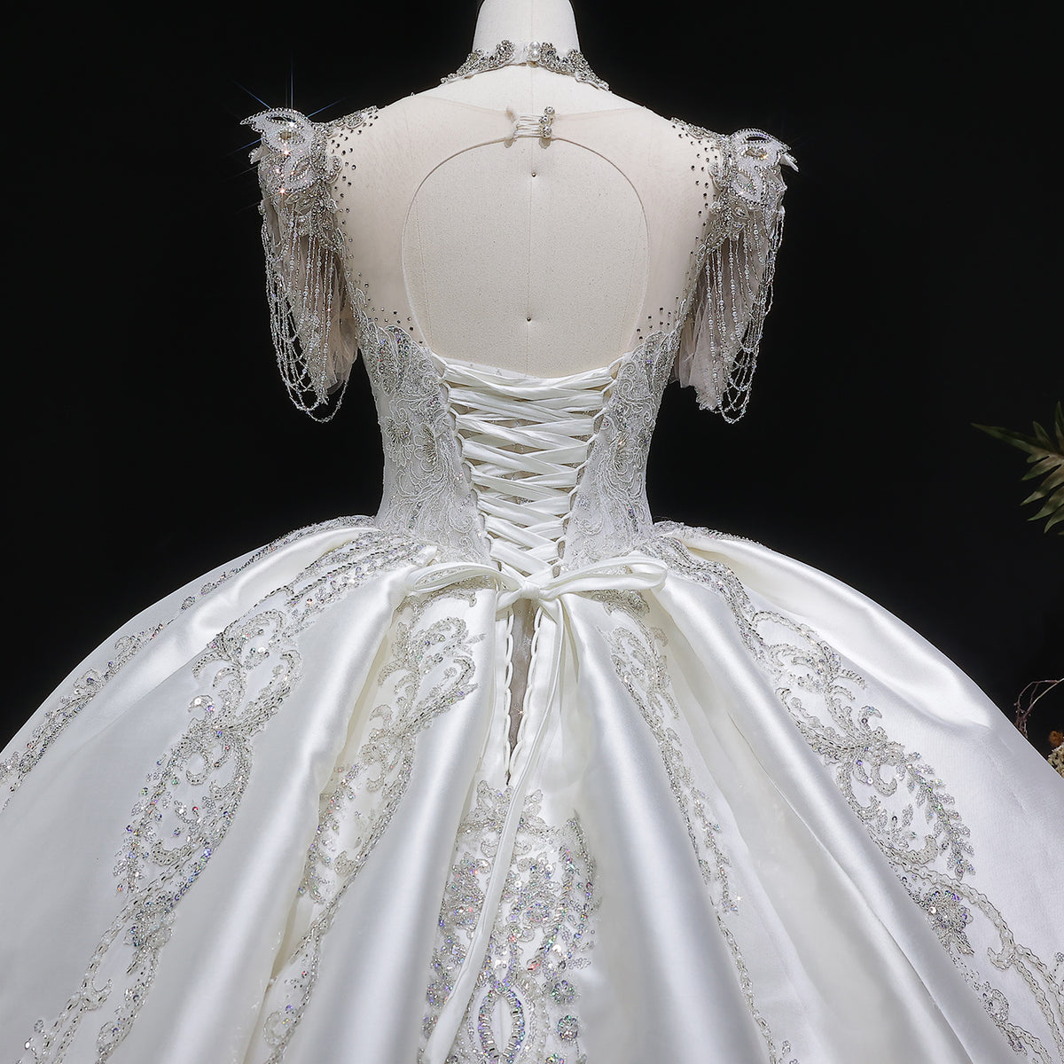 Luxury Satin Ivory Ball Gown with Silver Floral Embroidery Wedding Dress SW605 