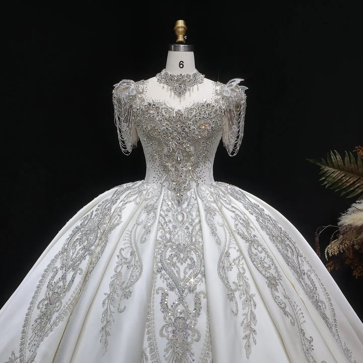 Luxury Satin Ivory Ball Gown with Silver Floral Embroidery Wedding Dress SW605 