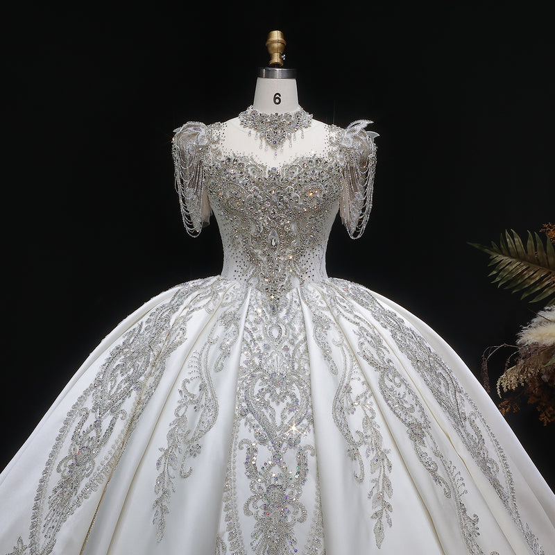 Luxury Satin Ivory Ball Gown with Silver Floral Embroidery Wedding Dress SW605 