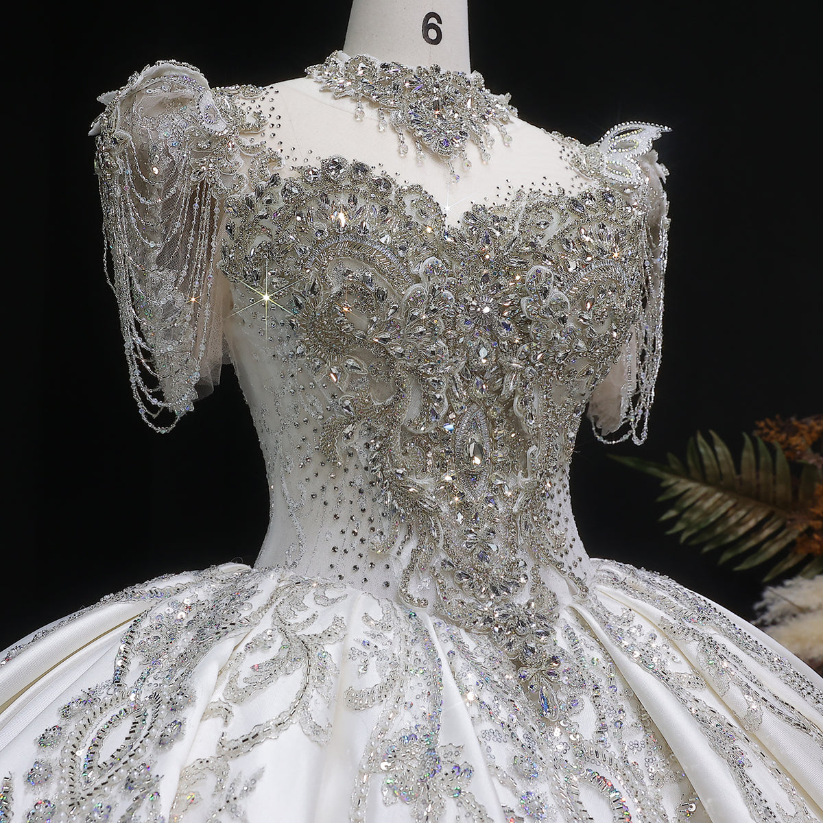 Luxury Satin Ivory Ball Gown with Silver Floral Embroidery Wedding Dress SW605 