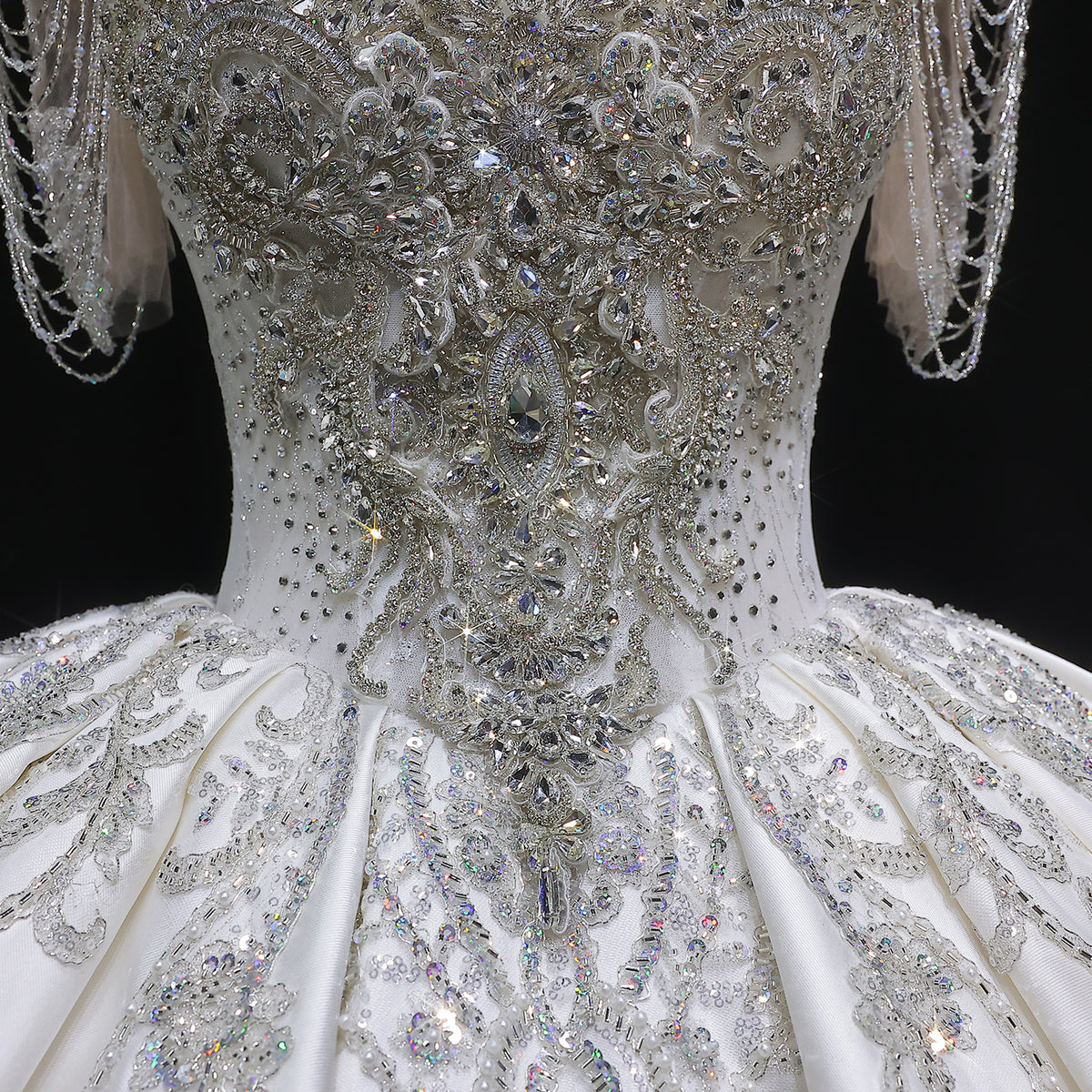 Luxury Satin Ivory Ball Gown with Silver Floral Embroidery Wedding Dress SW605 