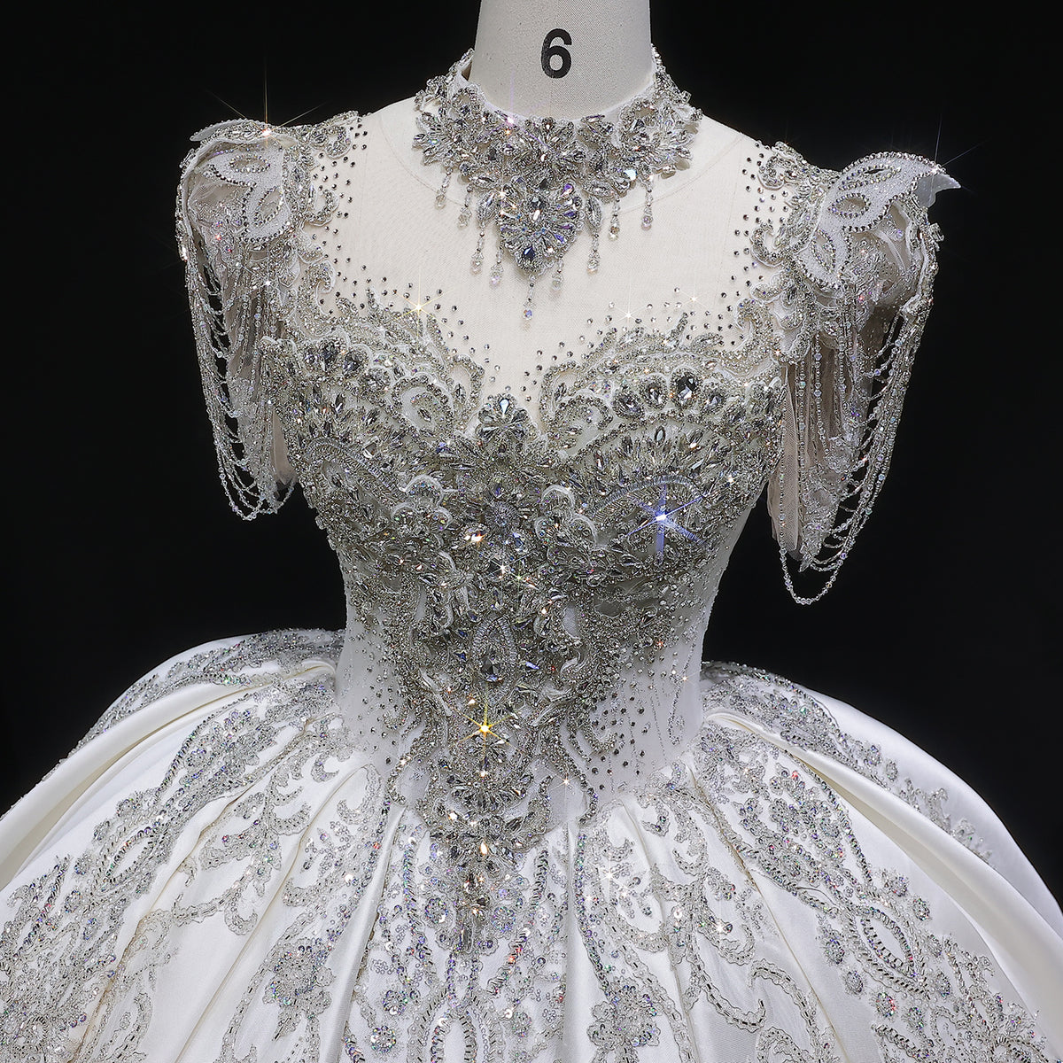 Luxury Satin Ivory Ball Gown with Silver Floral Embroidery Wedding Dress SW605 