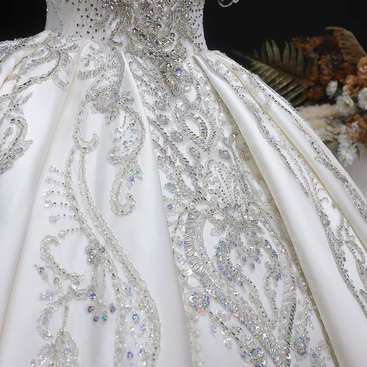 Luxury Satin Ivory Ball Gown with Silver Floral Embroidery Wedding Dress SW605 