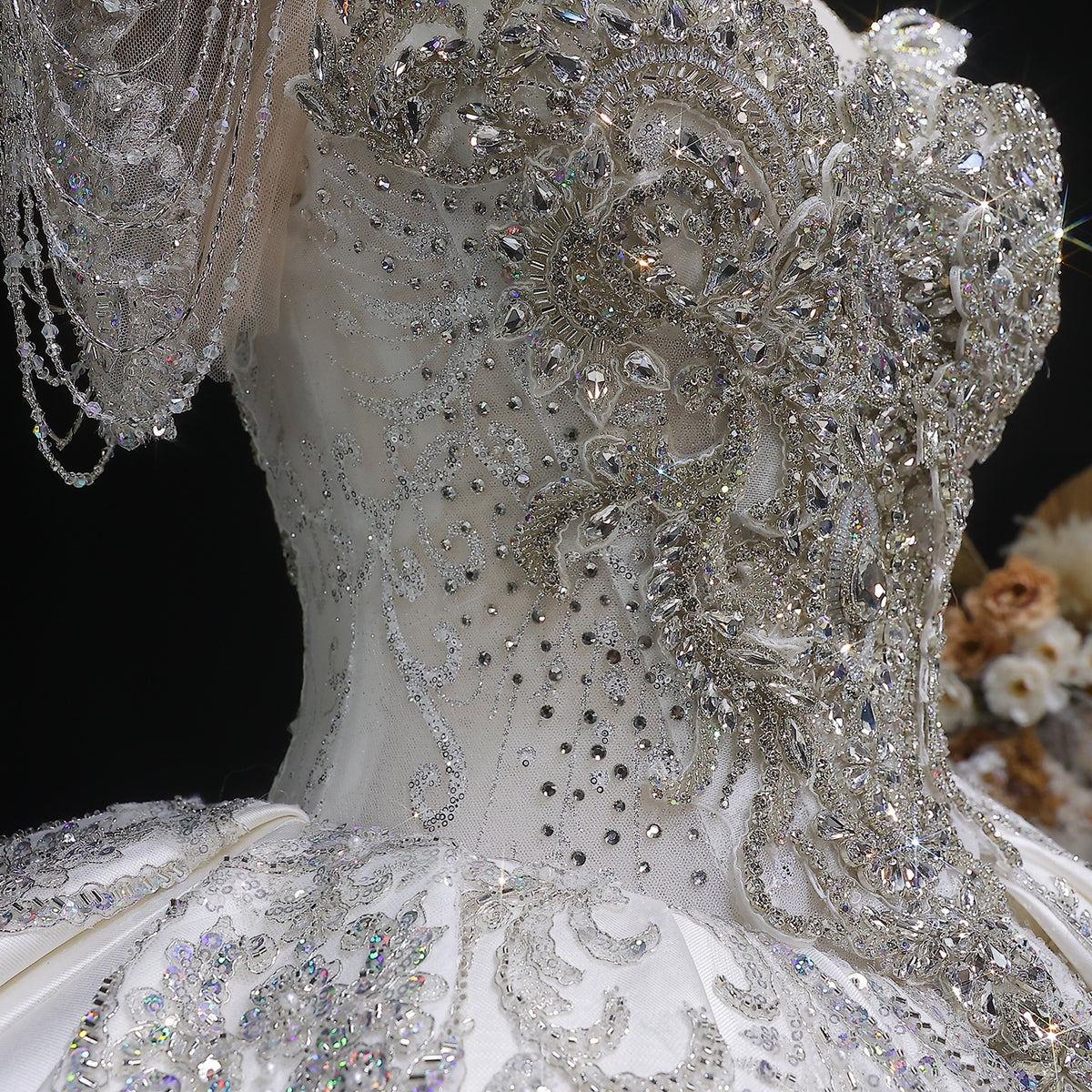 Luxury Satin Ivory Ball Gown with Silver Floral Embroidery Wedding Dress SW605 