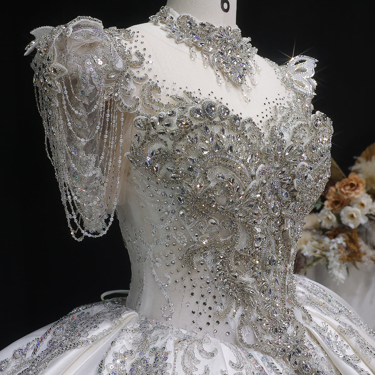 Luxury Satin Ivory Ball Gown with Silver Floral Embroidery Wedding Dress SW605 