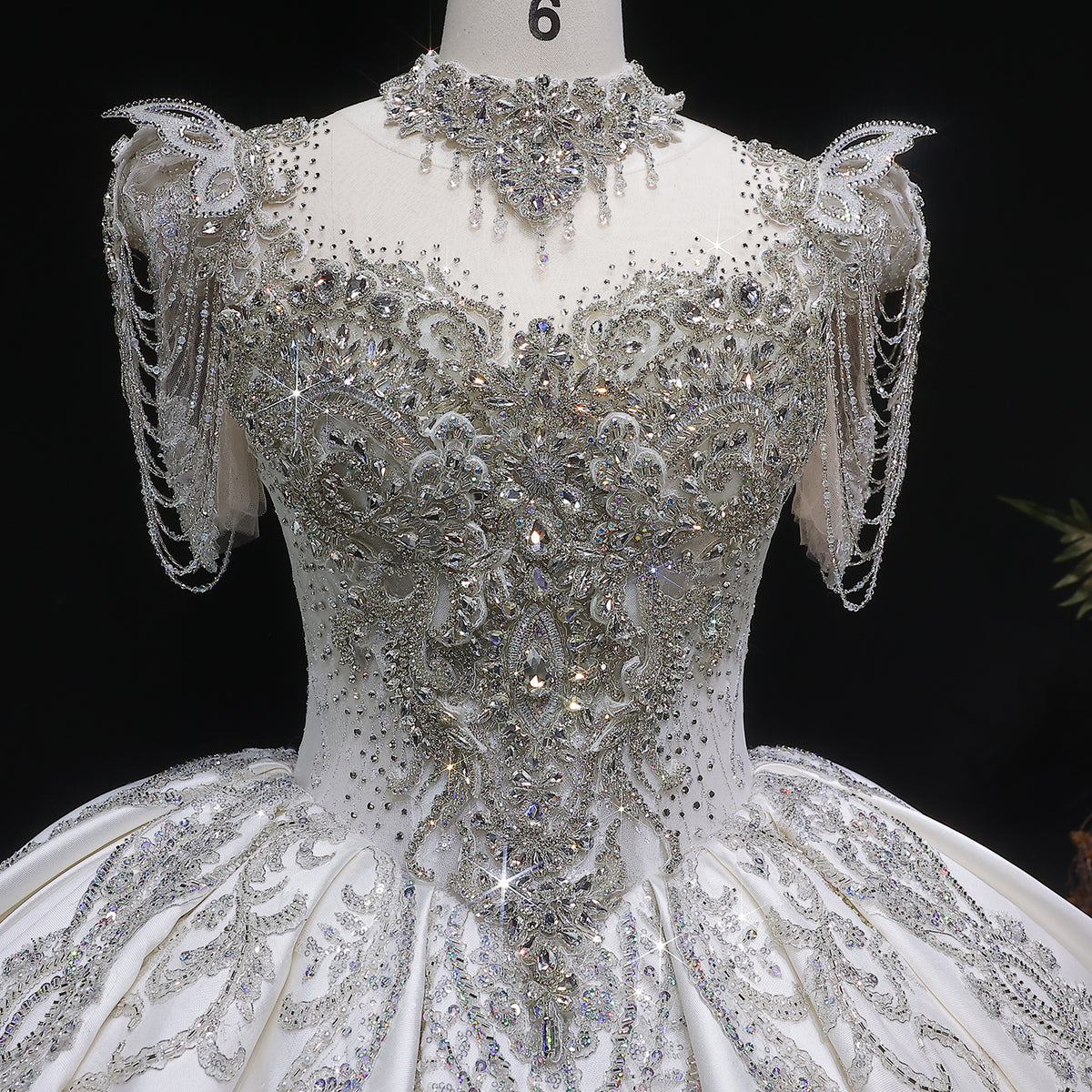 Luxury Satin Ivory Ball Gown with Silver Floral Embroidery Wedding Dress SW605 