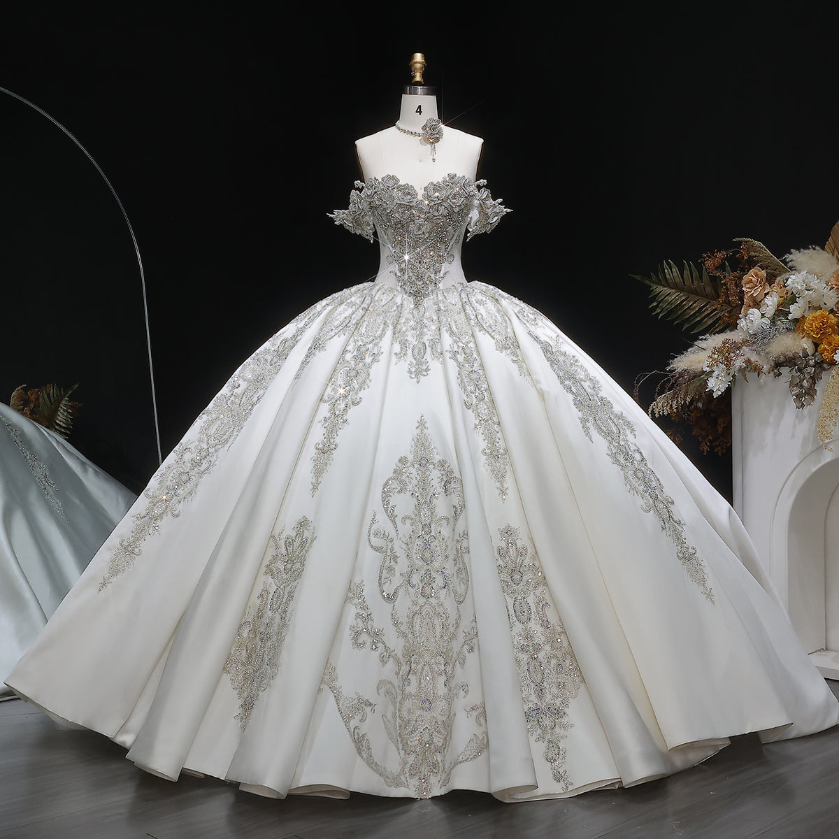 Ivory Luxury Satin Ball Gown with Silver Embroidery Wedding Dress SW606 