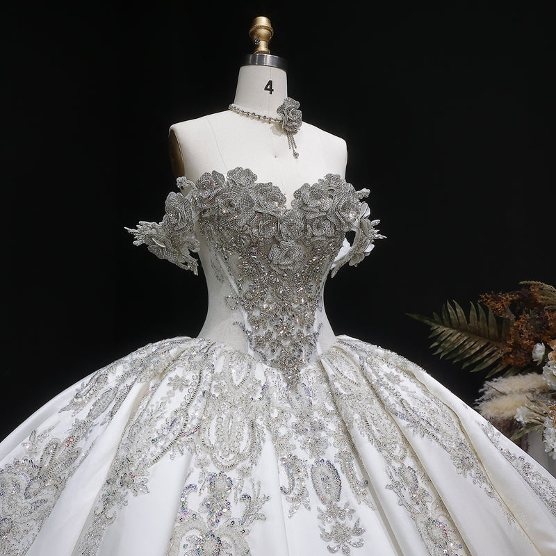 Ivory Luxury Satin Ball Gown with Silver Embroidery Wedding Dress SW606 