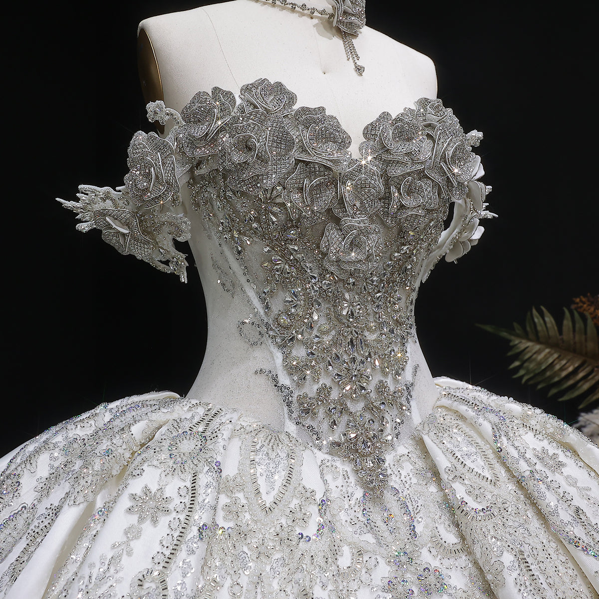 Ivory Luxury Satin Ball Gown with Silver Embroidery Wedding Dress SW606 