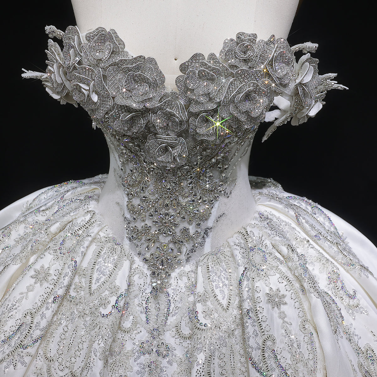 Ivory Luxury Satin Ball Gown with Silver Embroidery Wedding Dress SW606 