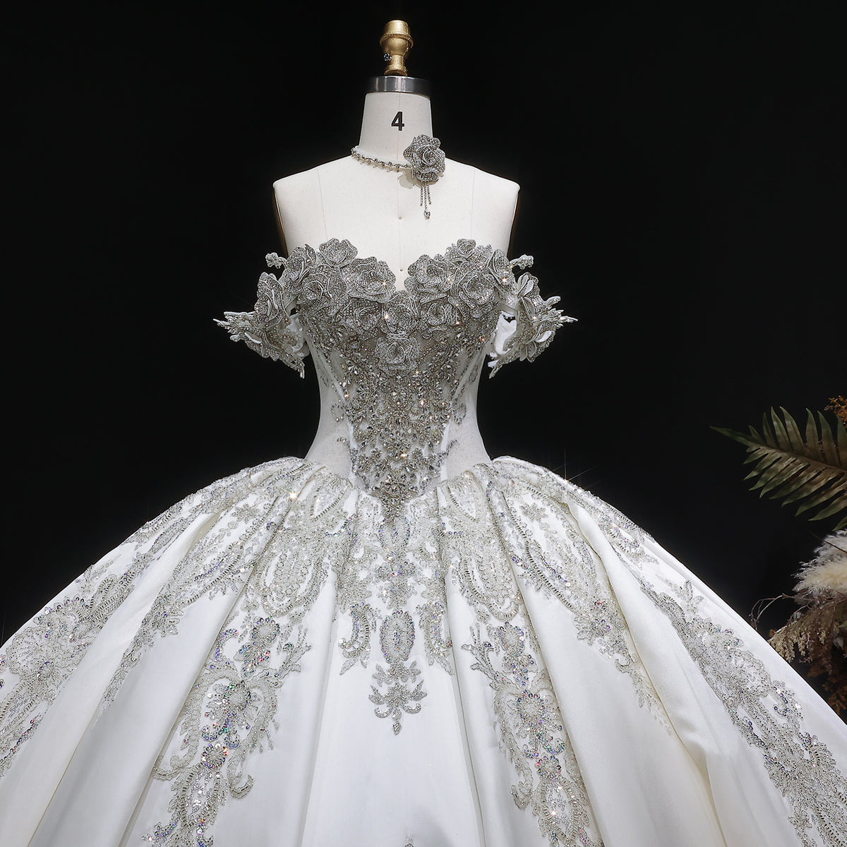 Ivory Luxury Satin Ball Gown with Silver Embroidery Wedding Dress SW606 