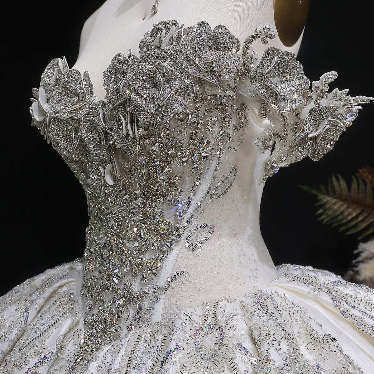 Ivory Luxury Satin Ball Gown with Silver Embroidery Wedding Dress SW606 