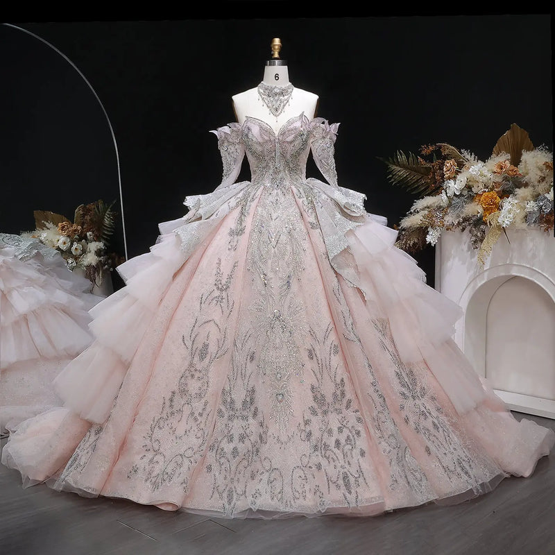 Luxury Embroidery Puff Sleeve Ball Gown Wedding Dress SW608 