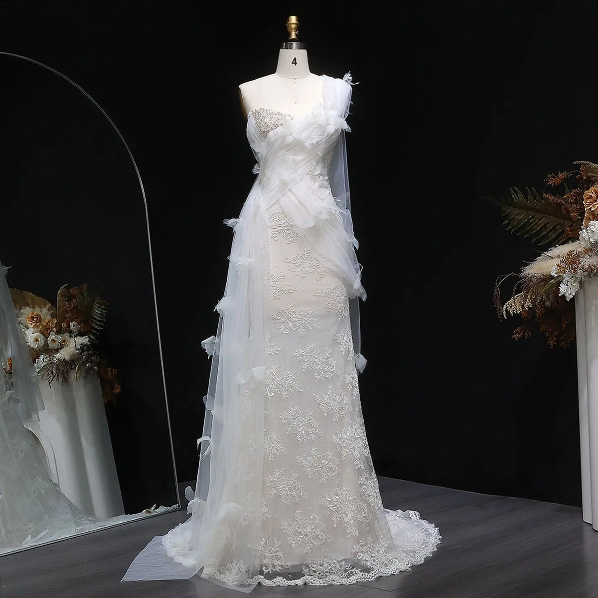 Luxury One-Shoulder Lace Ruched Bow Mermaid Wedding Dress SW638 Luxury One-Shoulder Lace Ruched Bow Mermaid Wedding Dress SW638