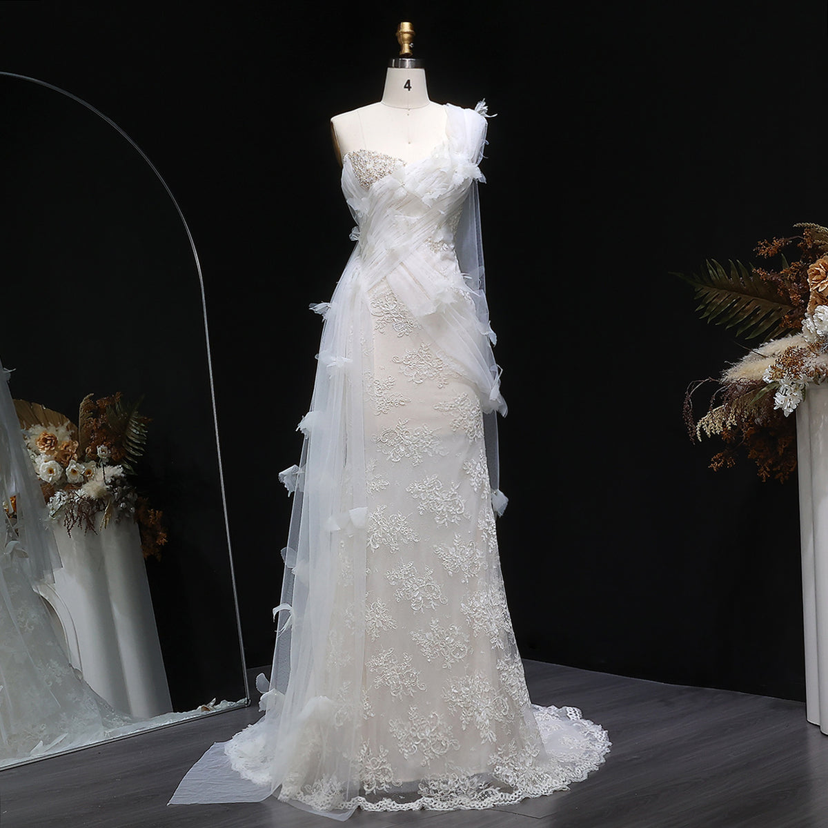 Luxury One-Shoulder Lace Ruched Bow Mermaid Wedding Dress SW638