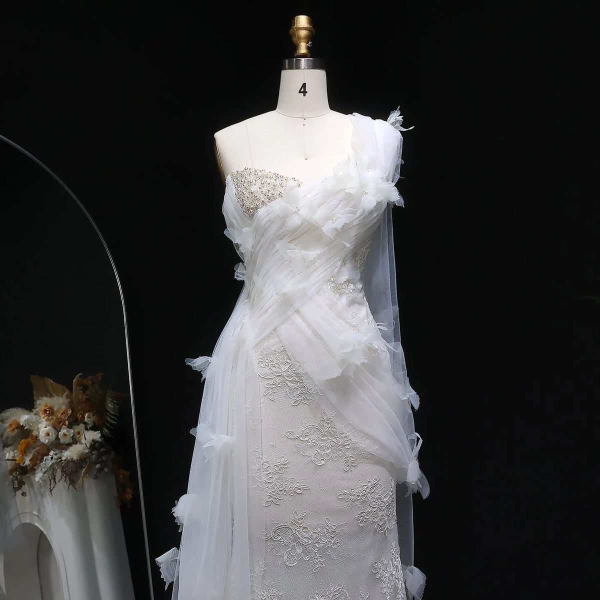 Luxury One-Shoulder Lace Ruched Bow Mermaid Wedding Dress SW638 