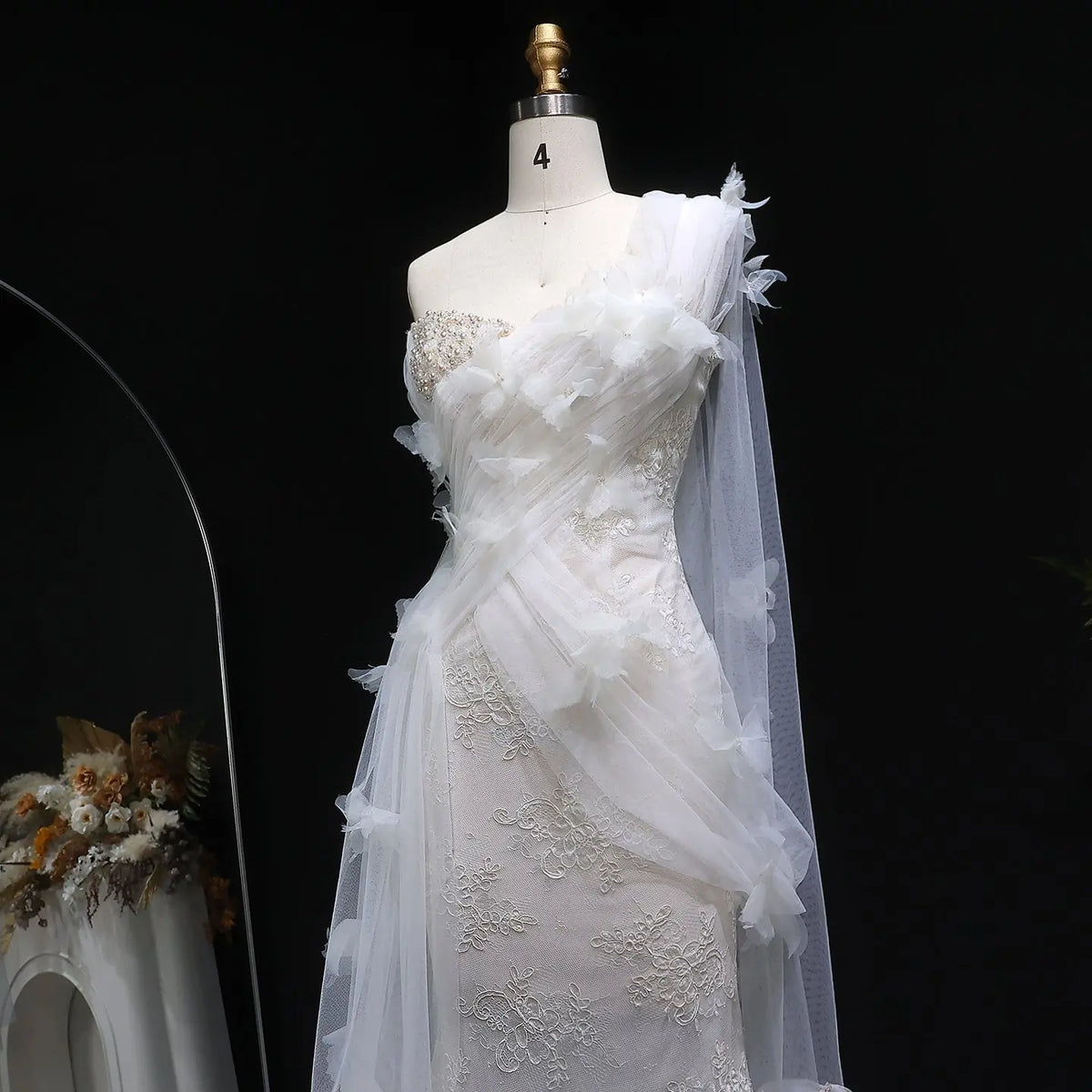 Luxury One-Shoulder Lace Ruched Bow Mermaid Wedding Dress SW638 