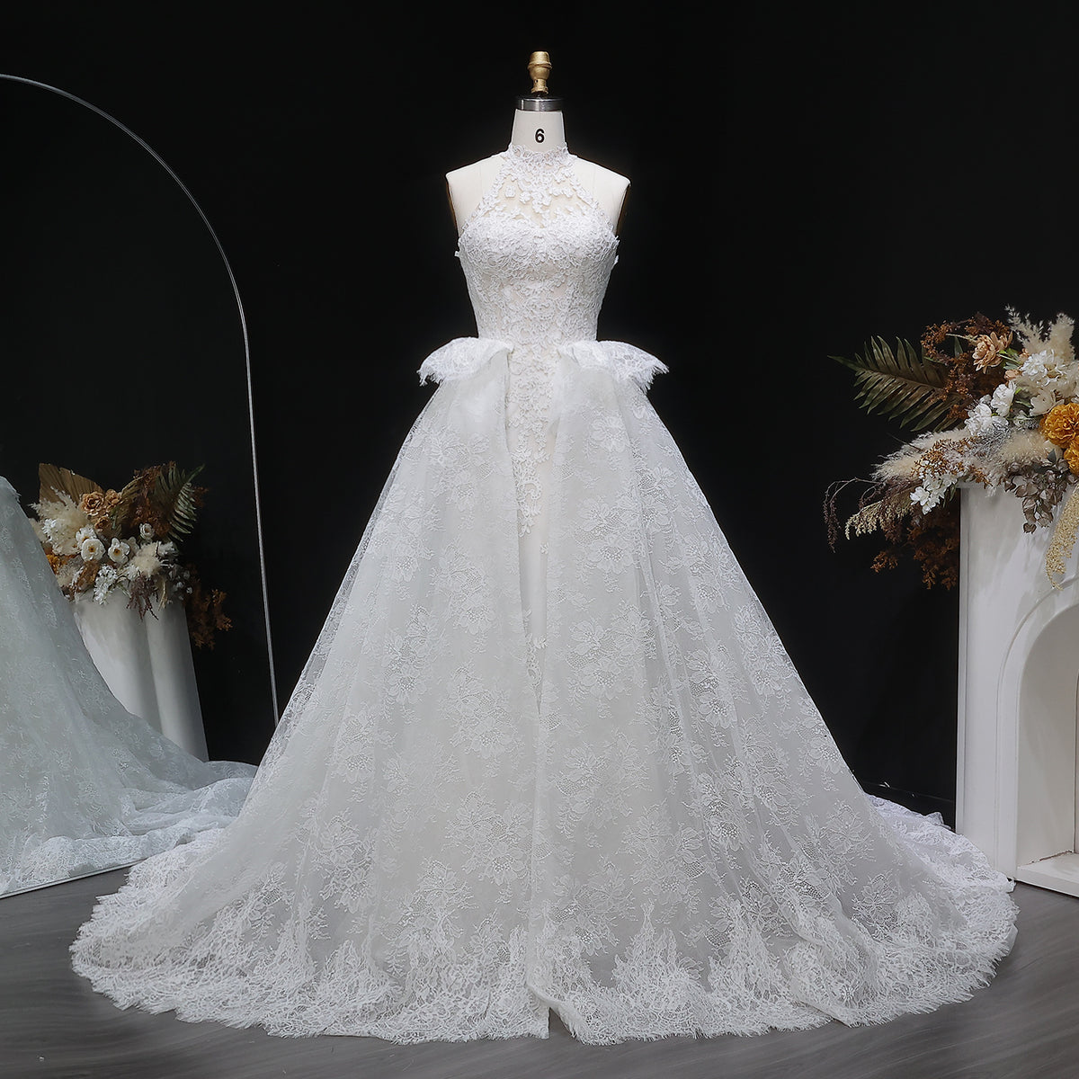 Luxury White A-Line Wedding Dress with Lace Embroidery and Overskirt SW651 