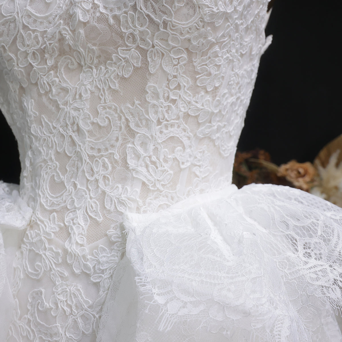 Luxury White A-Line Wedding Dress with Lace Embroidery and Overskirt SW651 