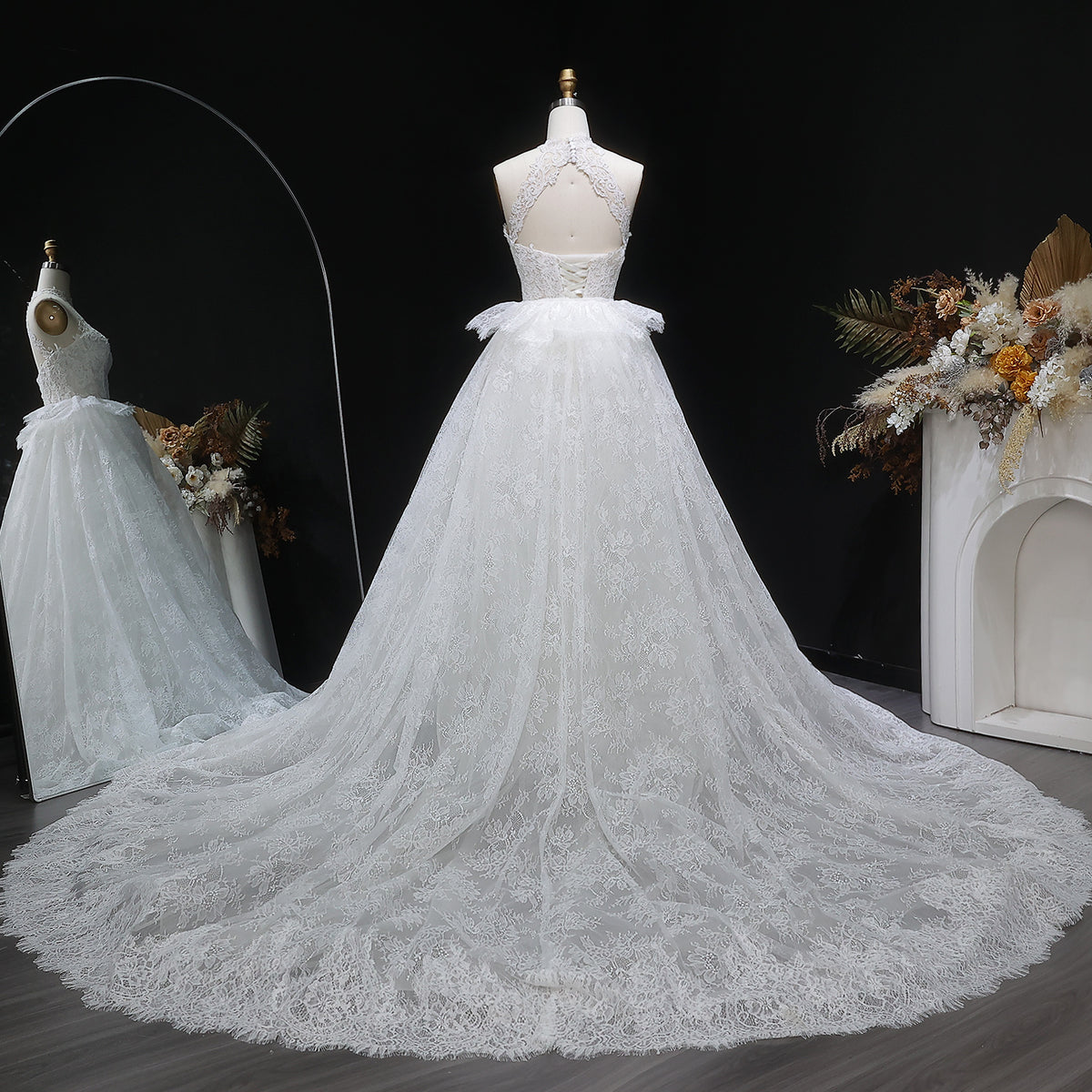 Luxury White A-Line Wedding Dress with Lace Embroidery and Overskirt SW651 