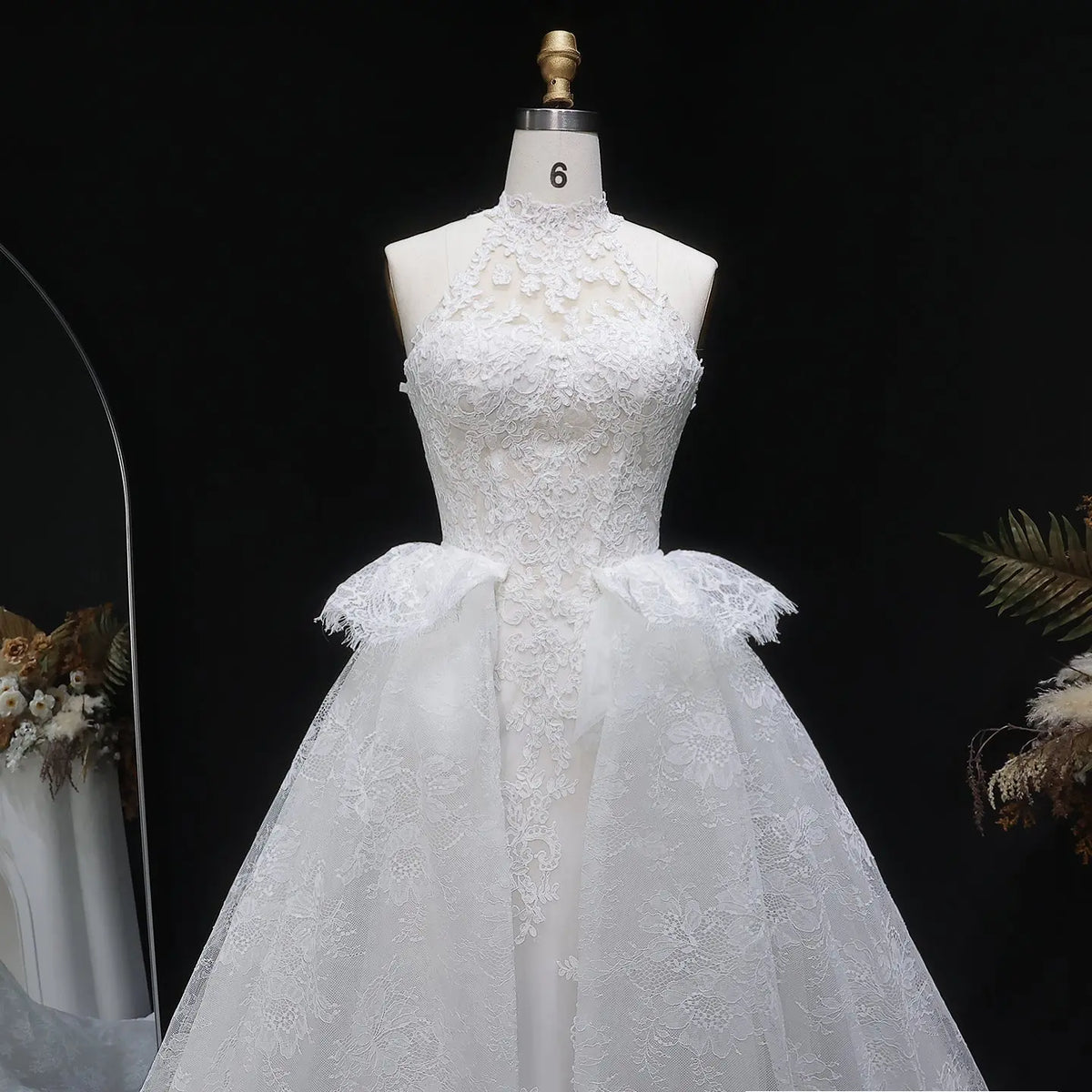 Luxury White A-Line Wedding Dress with Lace Embroidery and Overskirt SW651 