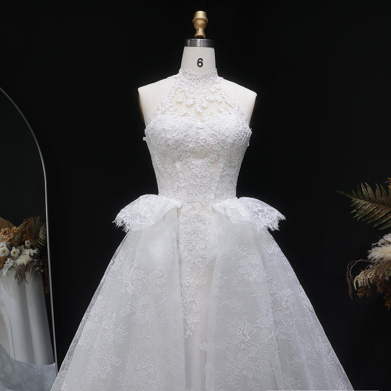 Luxury White A-Line Wedding Dress with Lace Embroidery and Overskirt SW651 