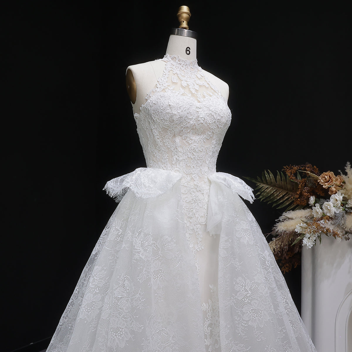 Luxury White A-Line Wedding Dress with Lace Embroidery and Overskirt SW651 